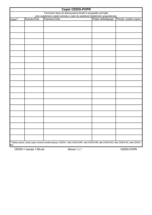 CEIDG-POPR (1.06) (archiwalny) Wniosek o wpis do ewidencji działalności gospodarczej - korekta pomyłek