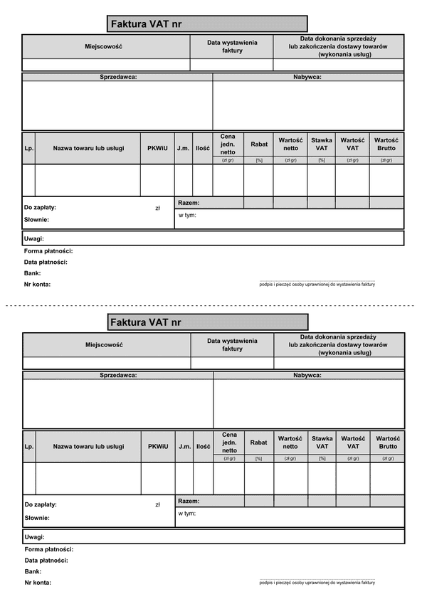FV (n1 A5) (od 2013) (archiwalny) Faktura VAT netto (liczona od cen jednostkowych netto - 1 pozycja format A5)  