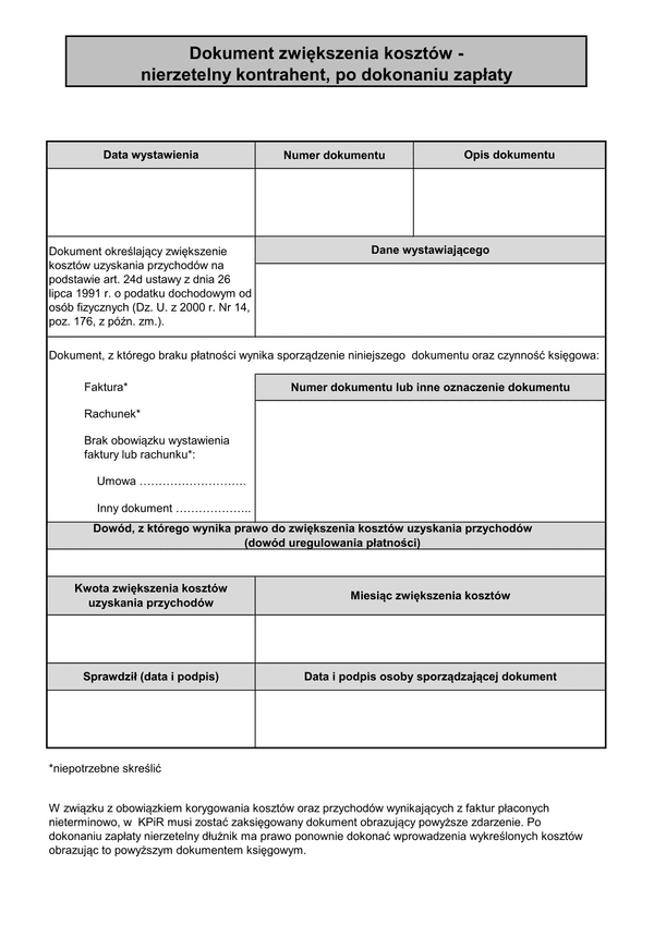 DZwK Dokument zwiększenia kosztów - nierzetelny kontrahent, po dokonaniu zapłaty