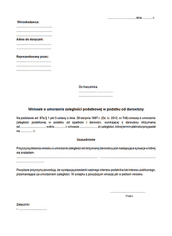 WUPOD Wniosek o umorzenie zaległości podatkowej w podatku od darowizny