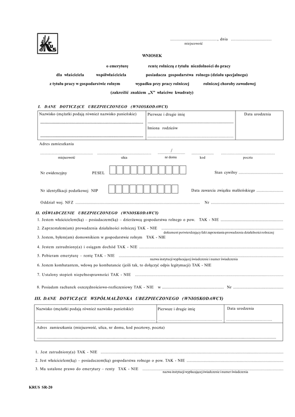 KRUS SR-20 (archiwalny)  Wniosek o emeryturę, rentę rolniczą z tytułu niezdolności do pracy