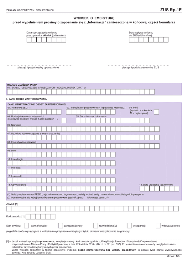 ZUS RP-1E (archiwalny) Wniosek o emeryturę
