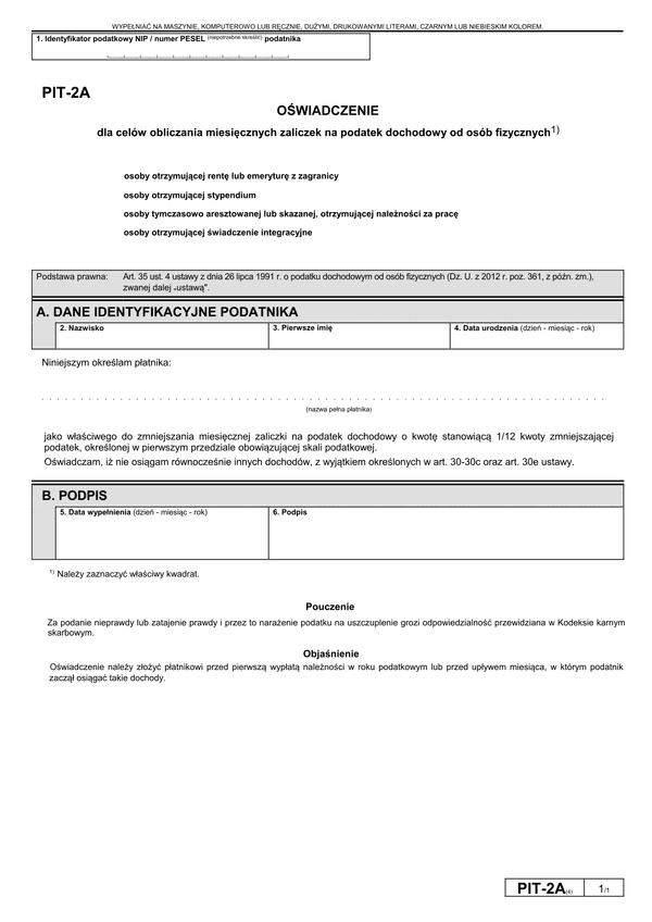 PIT-2A (4) (archiwalny) (2013 - 2016) Oświadczenie dla celów obliczania miesięcznych zaliczek na podatek dochodowy od osób fizycznych
