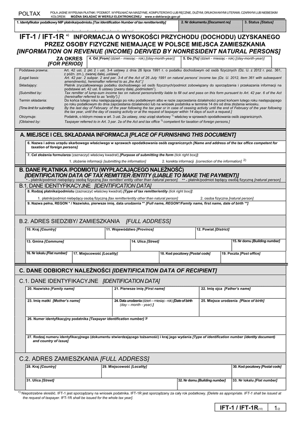 IFT-1/IFT-1R (10) (od 2013) (archiwalny) Informacja o wysokości przychodu (dochodu) uzyskanego przez osoby fizyczne niemające w Polsce miejsca zamieszkania