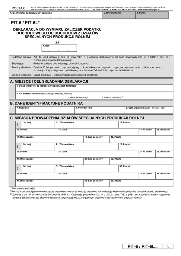 PIT-6 / PIT-6L (10) (2013) (archiwalny) Deklaracja do wymiaru zaliczek podatku dochodowego od dochodów z działów specjalnych produkcji rolnej