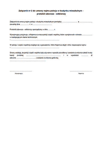 UNP-zal 2 Załącznik nr 2 do umowy najmu pokoju w budynku mieszkalnym -  protokół zdawczo - odbiorczy