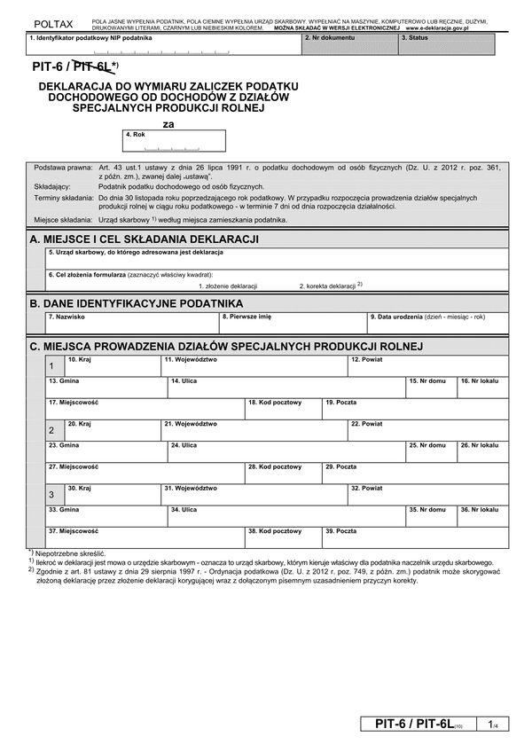 PIT-6 (10) (2013) (archiwalny) Deklaracja do wymiaru zaliczek podatku dochodowego od dochodów z działów specjalnych produkcji rolnej