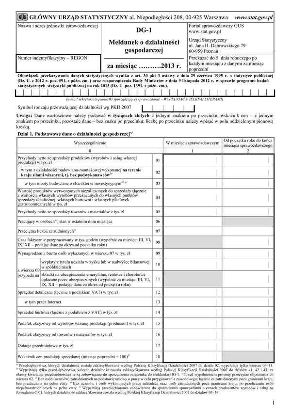 GUS DG-1 (od XI 2013) (archiwalny) Meldunek o działalności gospodarczej za rok 2013