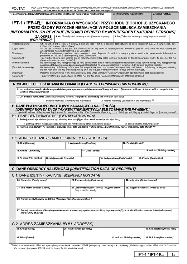 IFT-1 (10) (od 2013) (archiwalny) Informacja o wysokości przychodu (dochodu) uzyskanego przez osoby fizyczne niemające w Polsce miejsca zamieszkania