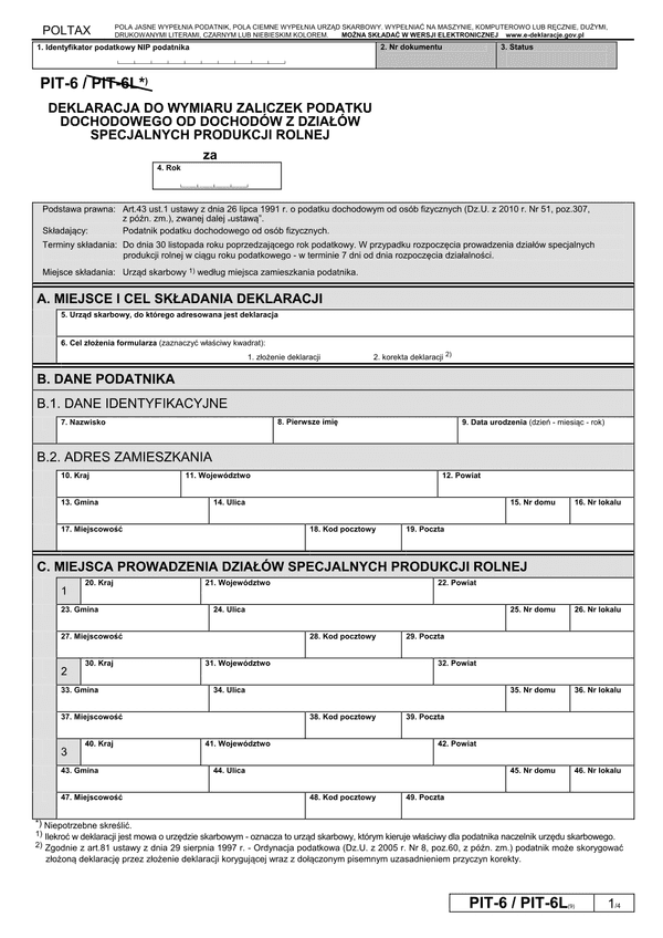 PIT-6  (9) (2012) (archiwalny) Deklaracja do wymiaru zaliczek podatku dochodowego od dochodów z działów specjalnych produkcji rolnej