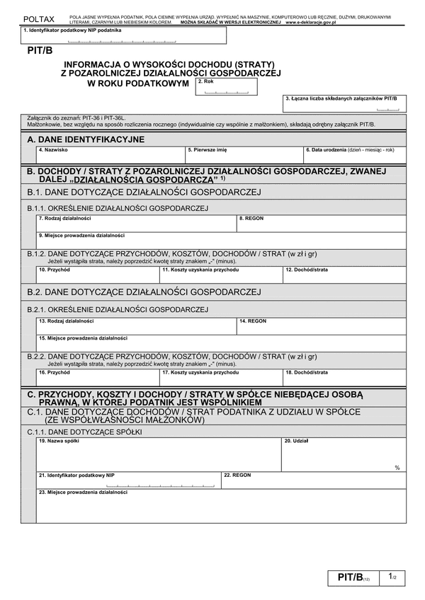 PIT/B (12) (2013) (archiwalny) Informacja o wysokości dochodu (straty) z pozarolniczej działalności gospodarczej
