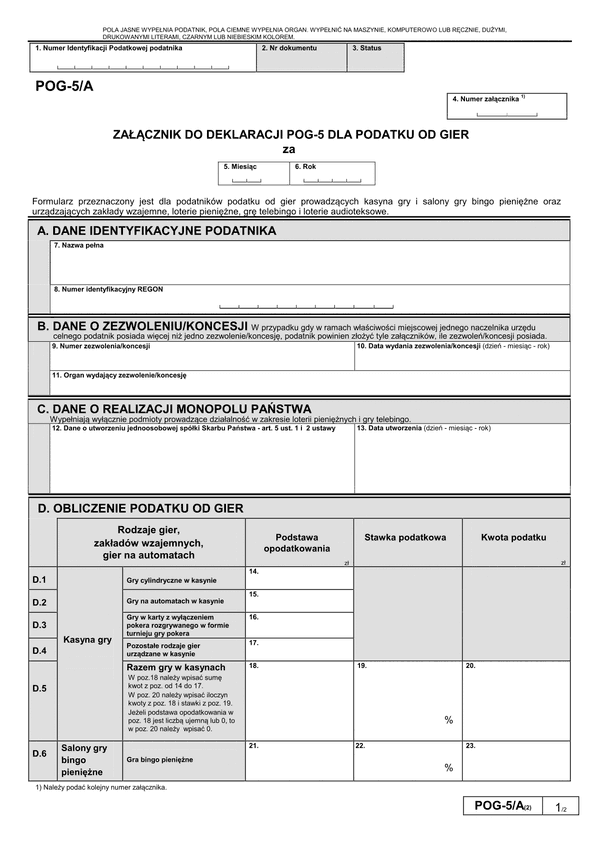 POG-5/A (2) (archiwalny) Załącznik do deklaracji POG-5 dla podatku od gier