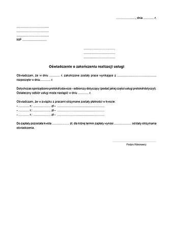 OoZRU Oświadczenie o zakończeniu realizacji usługi