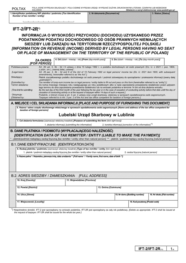 IFT-2 (10) (2022-2024) Informacja o wysokości przychodu (dochodu) uzyskanego przez podatników podatku dochodowego od osób prawnych niemających siedziby lub zarządu na terytorium Rzeczypospolitej Polskiej