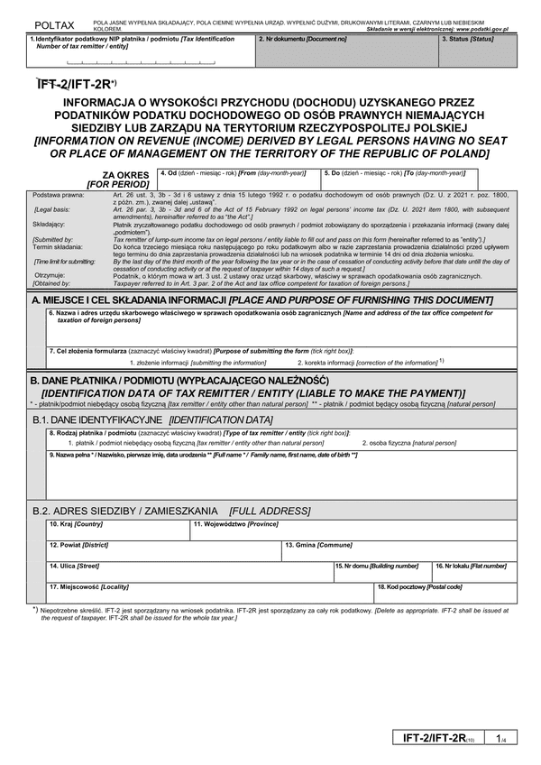 IFT-2R (10) (archiwalny) (2022-2024) Informacja o wysokości przychodu (dochodu) uzyskanego przez podatników podatku dochodowego od osób prawnych niemających siedziby lub zarządu na terytorium Rzeczypospolitej Pol