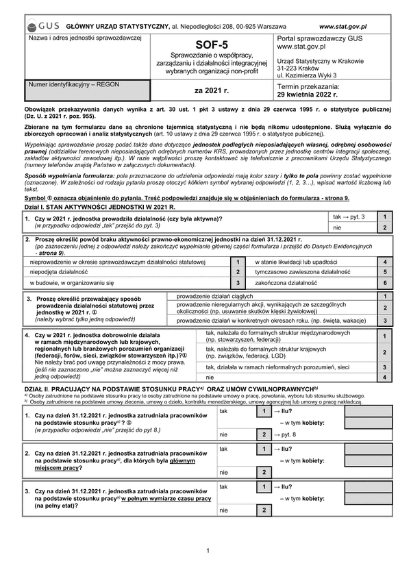 GUS SOF-5 (archiwalny) (2021) Sprawozdanie o współpracy, zarządzaniu i działalności integracyjnej wybranych organizacji non-profit