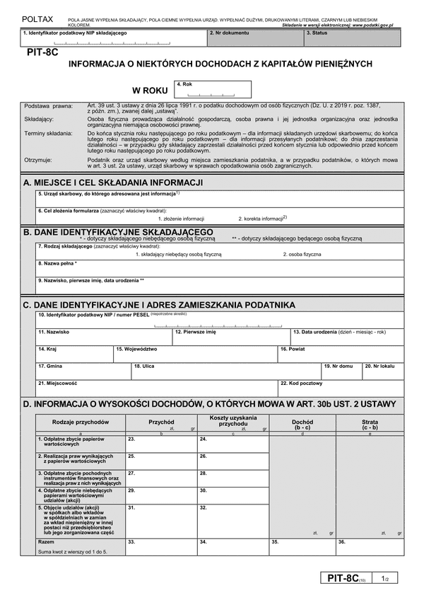 PIT-8C (10) (archiwalny) (2022) Informacja o niektórych dochodach z kapitałów pieniężnych (PIT-8C / PIT-8CZ)