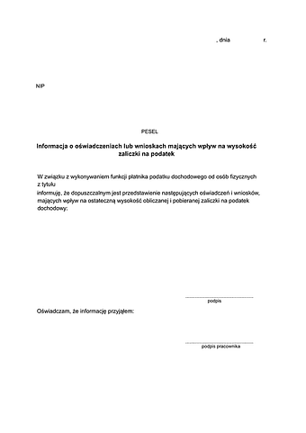 IoOlW Informacja o oświadczeniach lub wnioskach mających wpływ na wysokość zaliczki na podatek