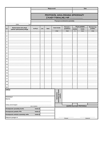 PASKF Protokół anulowania sprzedaży z kasy fiskalnej (z możliwością edycji kwot)