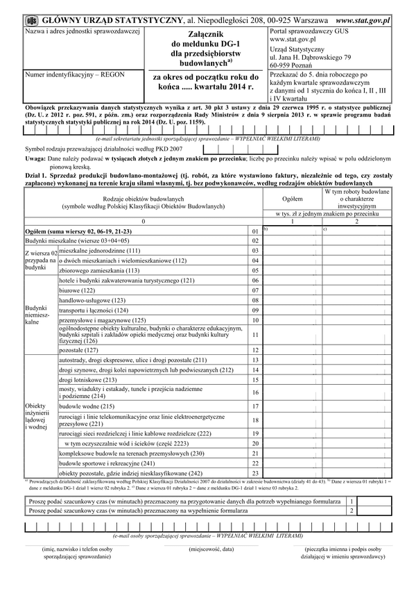GUS DG-1 ZAŁ (2014) (archiwalny) Załącznik do meldunku DG-1 dla przedsiębiorstw budowlanych