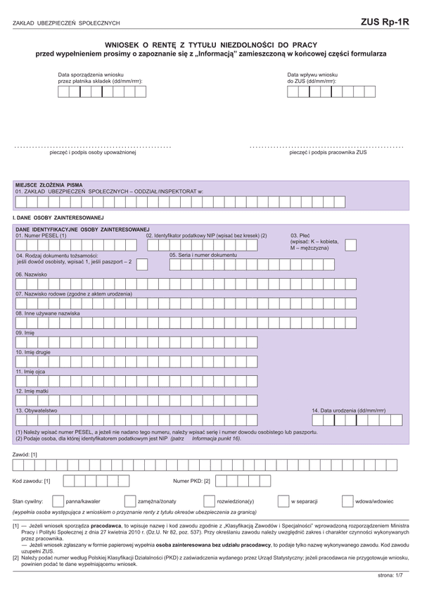 ZUS RP-1R (od 2013) (archiwalny) Wniosek o rentę z tytułu niezdolności do pracy