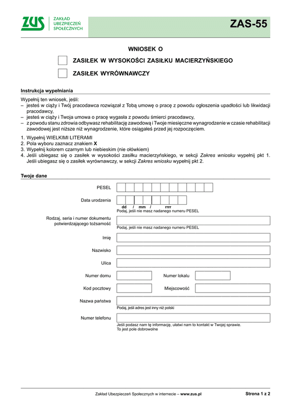 ZUS ZAS-55 (archiwalny) Wniosek o zasiłek w wysokości zasiłku macierzyńskiego i zasiłek wyrównawczy - wersja papierowa