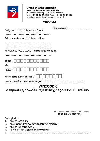 WoWDR-Sz Wniosek o wymianę dowodu rejestracyjnego Szczecin