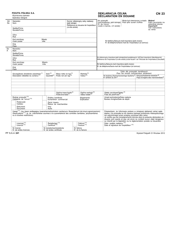 CN-23 Deklaracja celna CN-23
