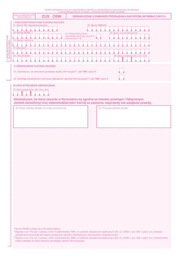 ZUS OSW Oświadczenie pracodawcy o przekazywaniu raportów informacyjnych (ZUS RIA) - z wysyłką do PUE ZUS