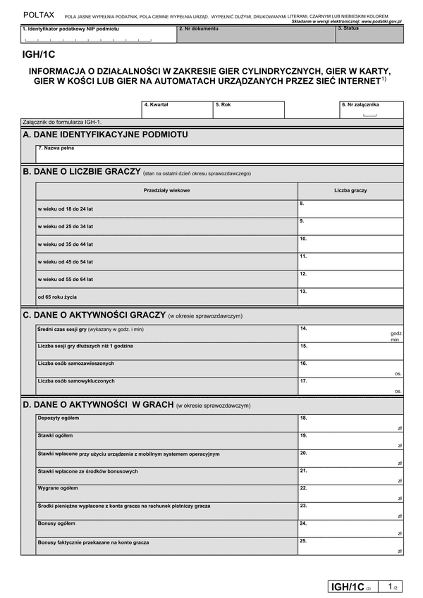 IGH/1C (2) Informacja o działalności w zakresie gier cylindrycznych, gier w karty, gier w kości lub gier na automatach urządzanych przez internet