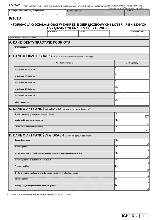 IGH/1D (2) Informacja o działalności w zakresie gier liczbowych i loterii pieniężnych urządzanych przez internet