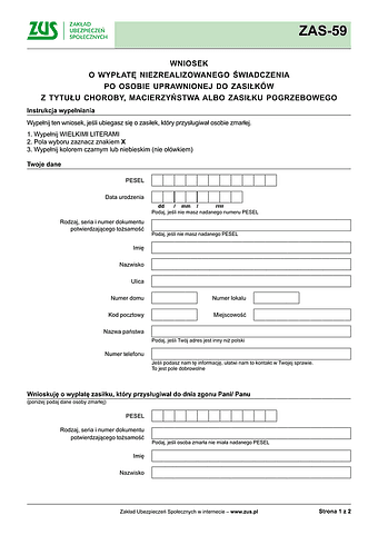 ZUS ZAS-59 Wniosek o wypłatę niezrealizowanego świadczenia po osobie uprawnionej do zasiłków z tytułu choroby, macierzyństwa albo zasiłku pogrzebowego - z wysyłką do PUE ZUS