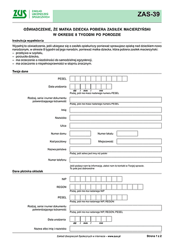 ZUS ZAS-39 Oświadczenie, że matka dziecka pobiera zasiłek macierzyński w okresie 8 tygodni po porodzie - z wysyłką do PUE ZUS