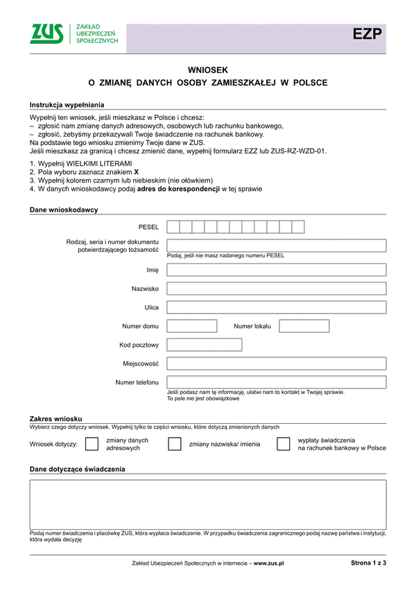 ZUS EZP (archiwalny) Wniosek o zmianę danych osoby zamieszkałej w Polsce - wersja papierowa