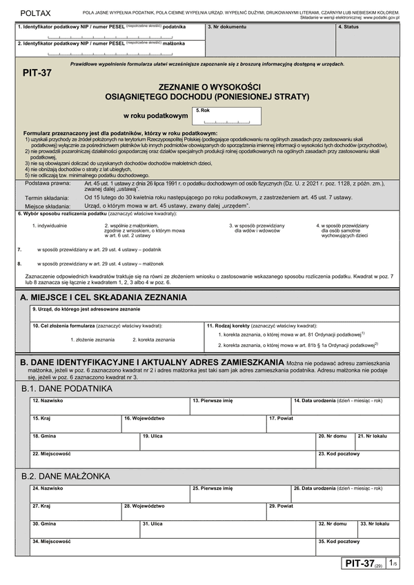 PIT-37 (29) (archiwalny) (2022) Zeznanie o wysokości osiągniętego dochodu (lub poniesionej straty)