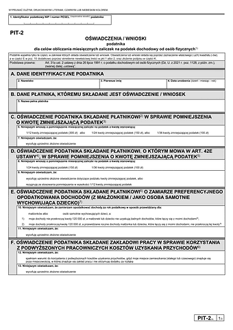 PIT-2 Oświadczenie pracownika dla celów obliczania miesięcznych zaliczek na podatek dochodowy od osób fizycznych 