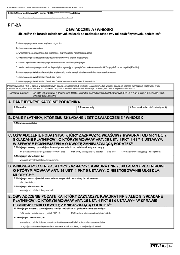 PIT-2A (8) (2023-2025) Oświadczenie dla celów obliczania miesięcznych zaliczek na podatek dochodowy od osób fizycznych 