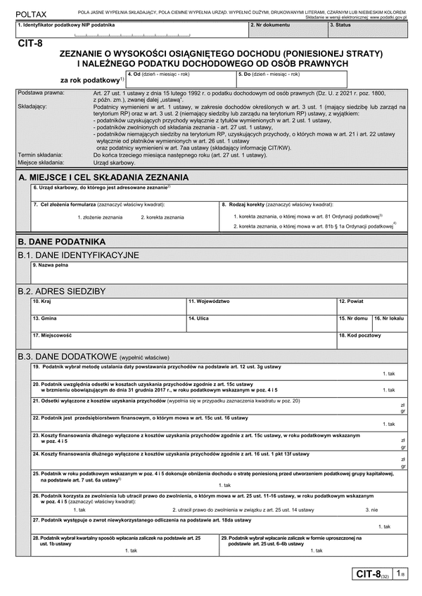 CIT-8 (32) (archiwalny) Zeznanie o wysokości osiągniętego dochodu (poniesionej straty) przez podatnika podatku dochodowego od osób prawnych (dochód/strata osiągnięty po 1 stycznia 2022)