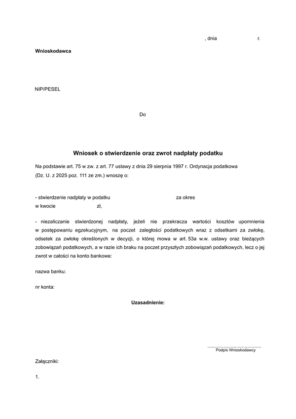 Wniosek o stwierdzenie oraz zwrot nadpłaty podatku