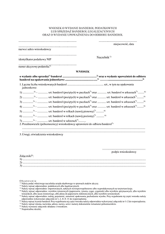 Wniosek o wydanie banderol podatkowych lub sprzedaż banderol legalizacyjnych oraz o wydanie upoważnienia do odbioru banderol