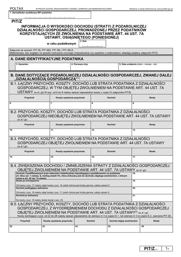 PIT/Z (11) (2022-2024) Informacja o wysokości dochodu (straty) z pozarolniczej działalności gospodarczej, prowadzonej przez podatników korzystających ze zwolnienia na podstawie art.44 ust.7a ustawy