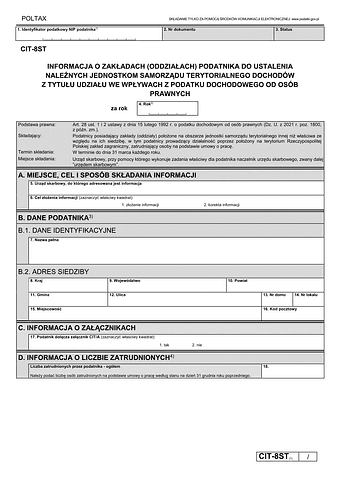 CIT-ST (8) Informacja podatnika do ustalenia należnych jednostkom samorządu terytorialnego dochodów z tytułu udziału we wpływach z podatku dochodowego od osób prawnych