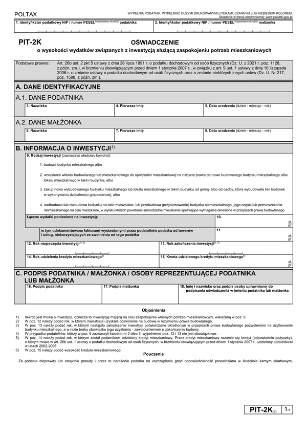 PIT-2K (9) (2022-2024) Oświadczenie o wysokości wydatków związanych z inwestycją służącą zaspokojeniu potrzeb mieszkaniowych