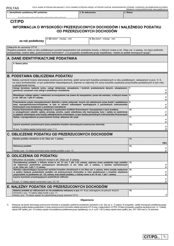 CIT/PD (1) (archiwalny) Informacja o wysokości przerzuconych dochodów i należnego podatku od przerzuconych dochodów