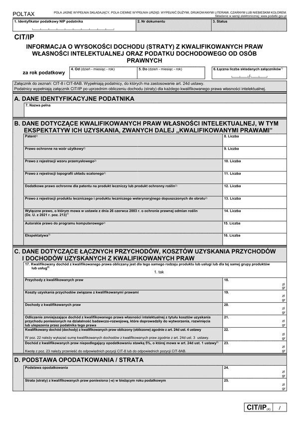 CIT/IP (4) (archiwalny) Informacja o wysokości dochodu (poniesionej straty) z kwalifikowanych praw własności intelektualnej