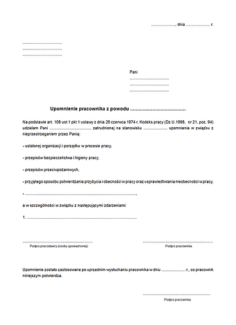 UPrac Upomnienie pracownika 