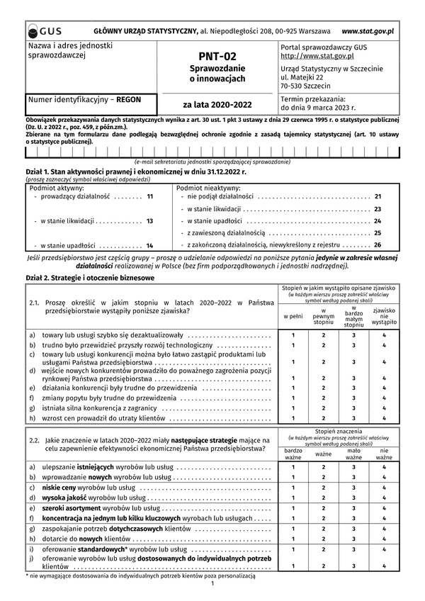 GUS PNT-02 (archiwalny) (2020-2022) Sprawozdanie o innowacjach w przemyśle za lata 2020–2022