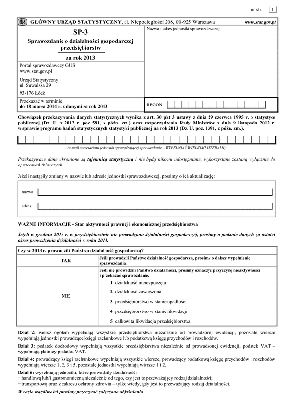 GUS SP-3 (2013) (archiwalny) Sprawozdanie o działalności gospodarczej przedsiębiorstw za rok 2013