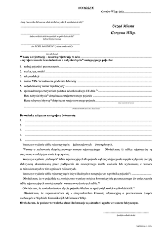 WoRWP-Gorz Wniosek o rejestrację, czasową rejestrację i wyrejestrowanie pojazdu Gorzów Wlkp