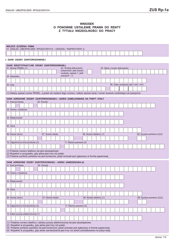 ZUS-RP-1A (od XI 2013) (archiwalny) Wniosek o ponowne ustalenie prawa do renty z tytułu niezdolności do pracy